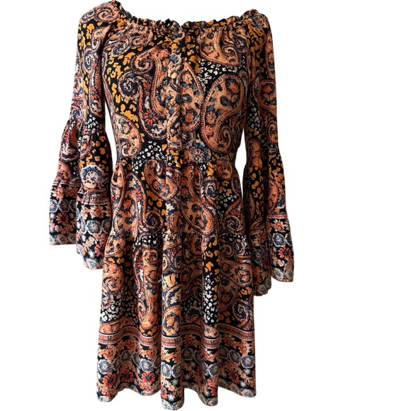 Angie Dresses & Skirts - Angie Womens Paisley Bell Sleeve Tiered Mini Dress Orange Black Boho Small